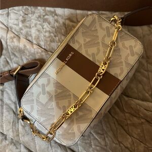 Michael Kors Cream, Brown & White Signature Stripe Crossbody